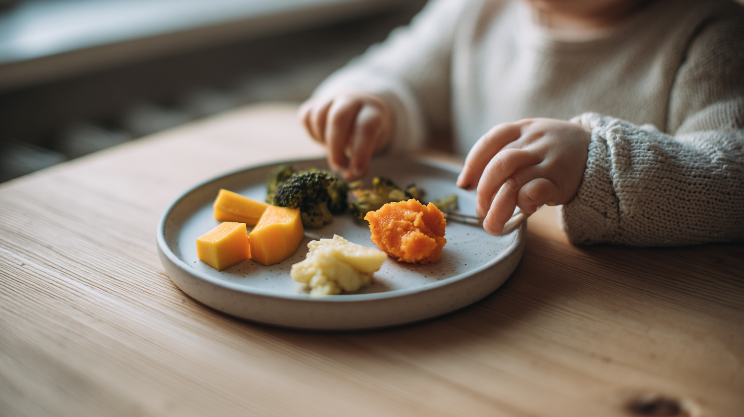 Parent offering a balanced toddler plate with small colorful portions