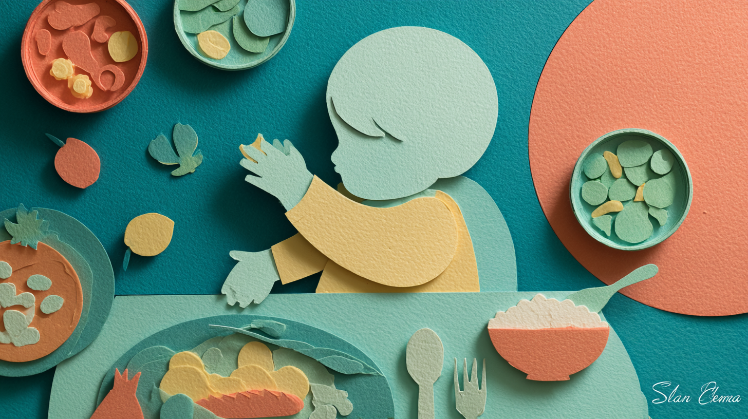 Toddler feeding themselves finger foods at the family table