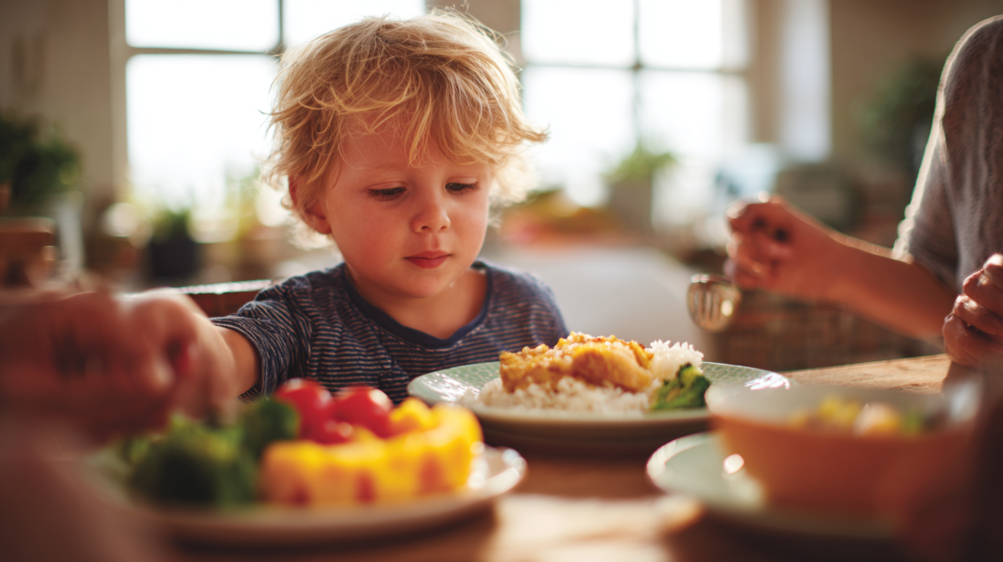 Preschooler eating healthy meal with family at dinner table showing positive mealtime environment
