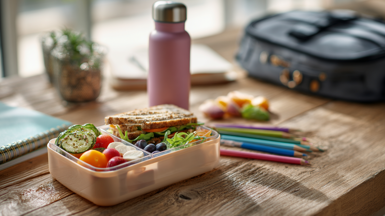 Healthy school lunch with colorful fruits and vegetables packed in containers showing balanced nutrition for elementary school children