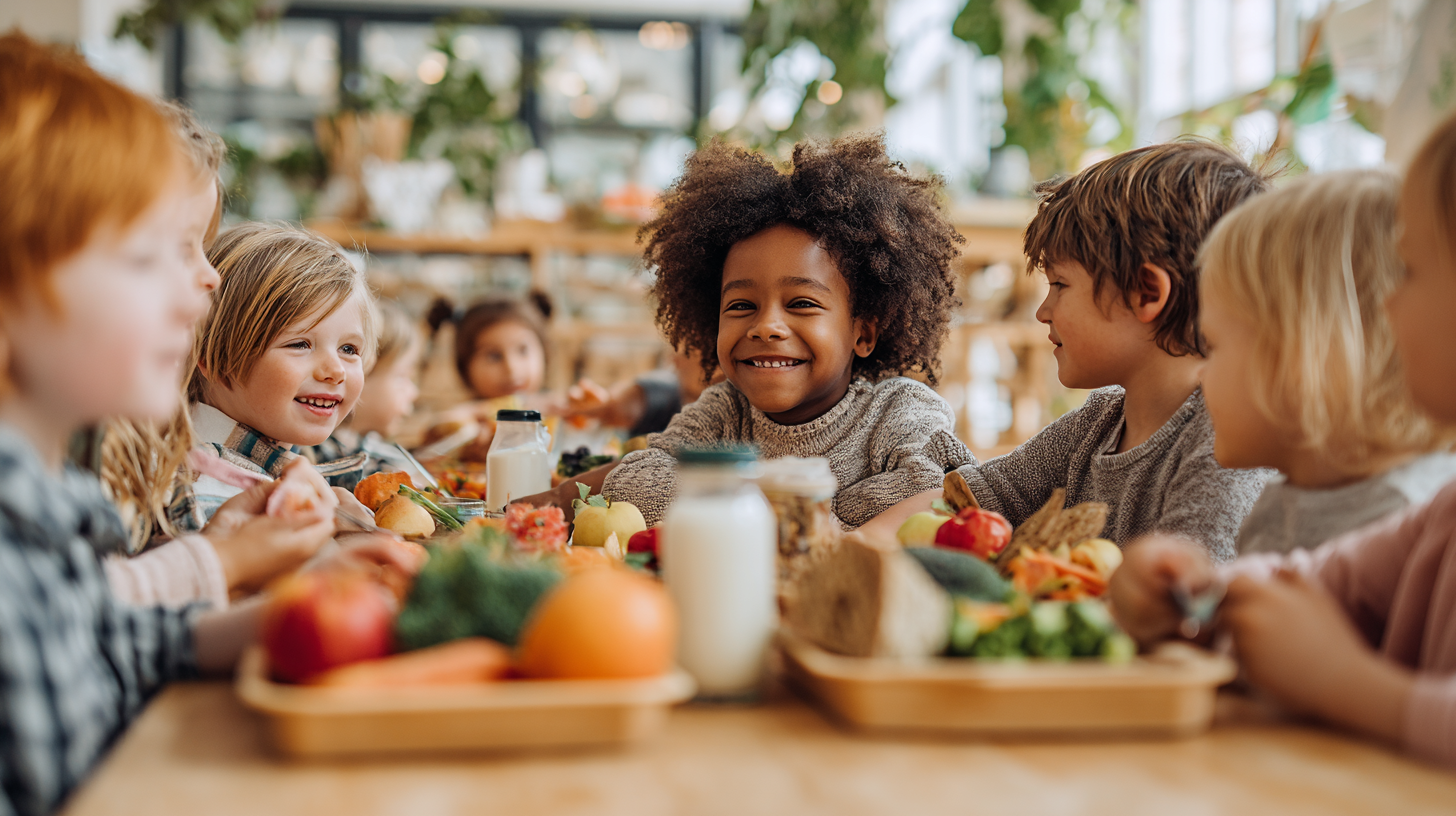 Group of diverse elementary school children eating lunch together and smiling showing positive peer influence on nutrition