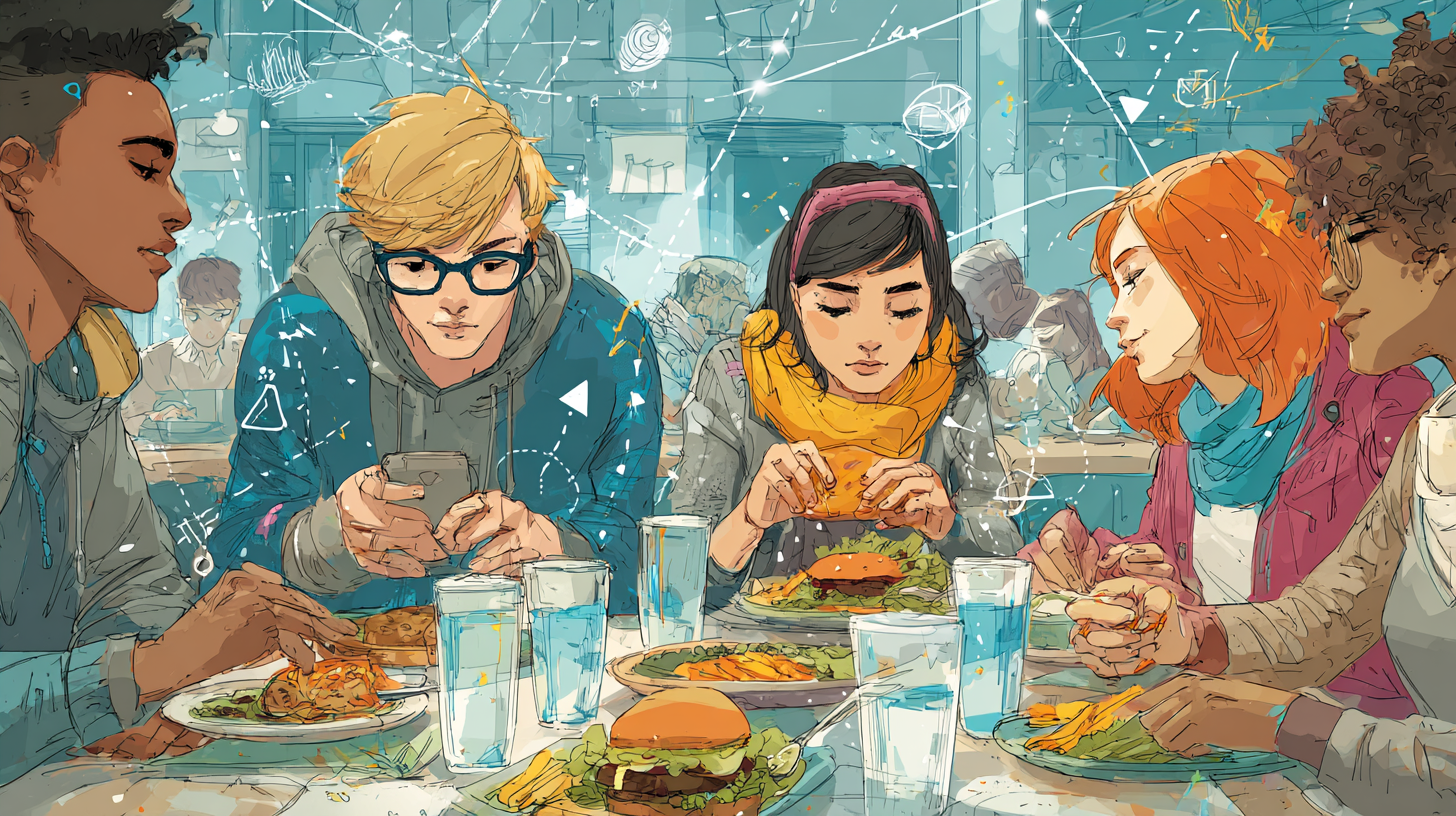 Teenagers eating together at restaurant showing social aspects of food