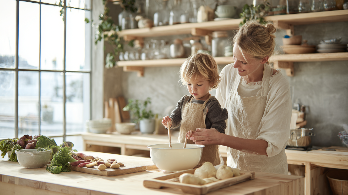 Parent teaching child essential cooking skills in a bright, welcoming kitchen environment