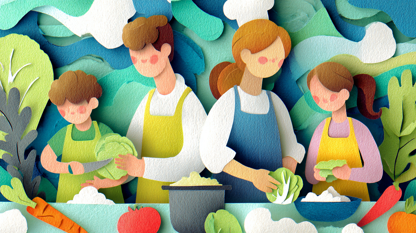 Children learning age-appropriate cooking skills with proper safety equipment and supervision