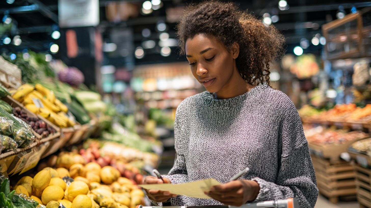 Teen confidently shopping for groceries with a planned list and budget awareness