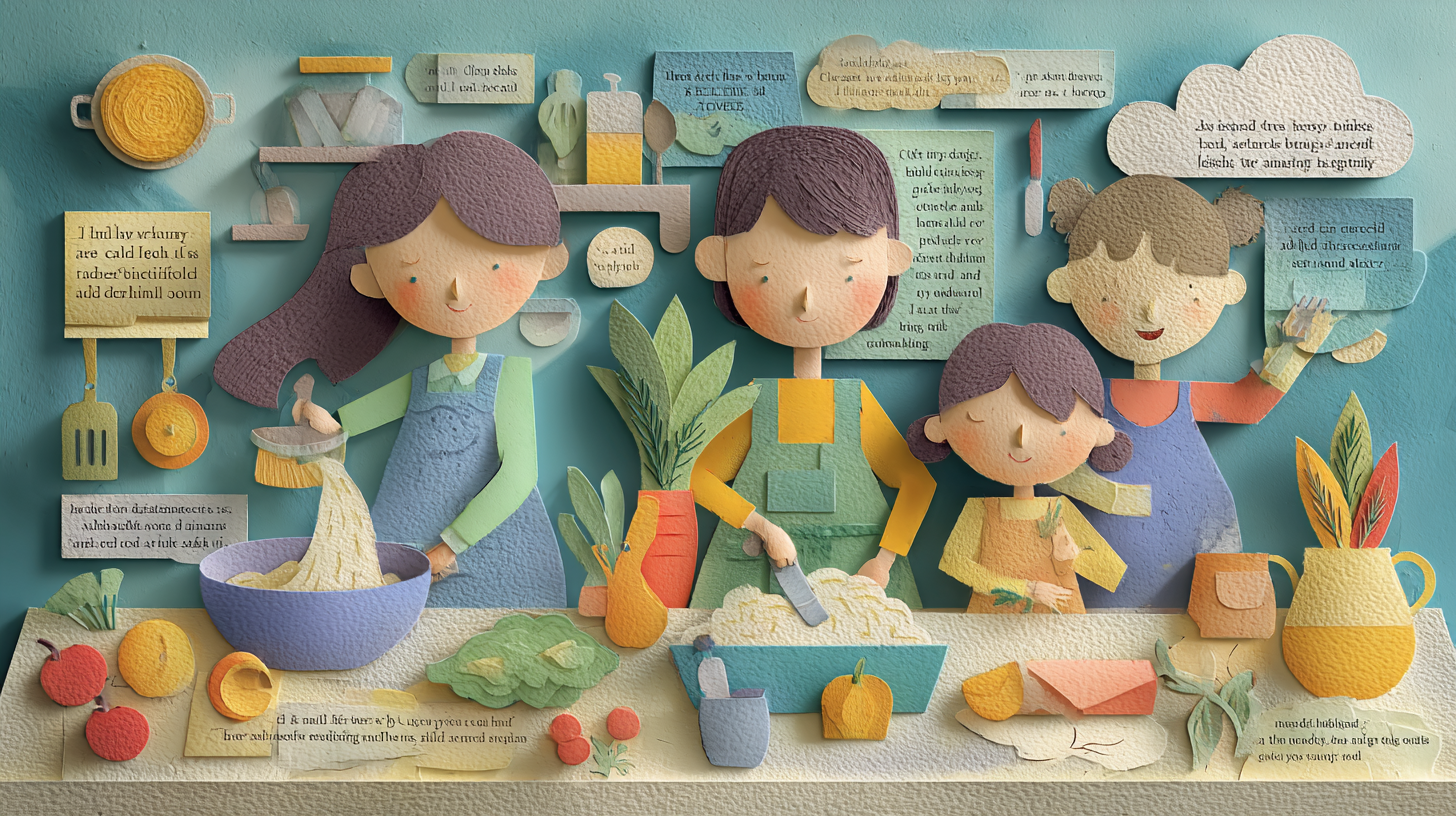 Children learning age-appropriate kitchen tasks including measuring, mixing, and safe food preparation