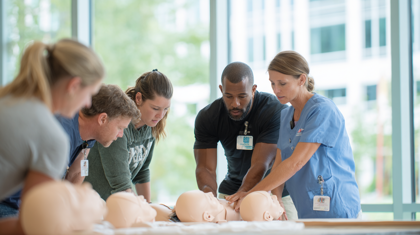 Parent learning infant CPR techniques in hands-on safety class