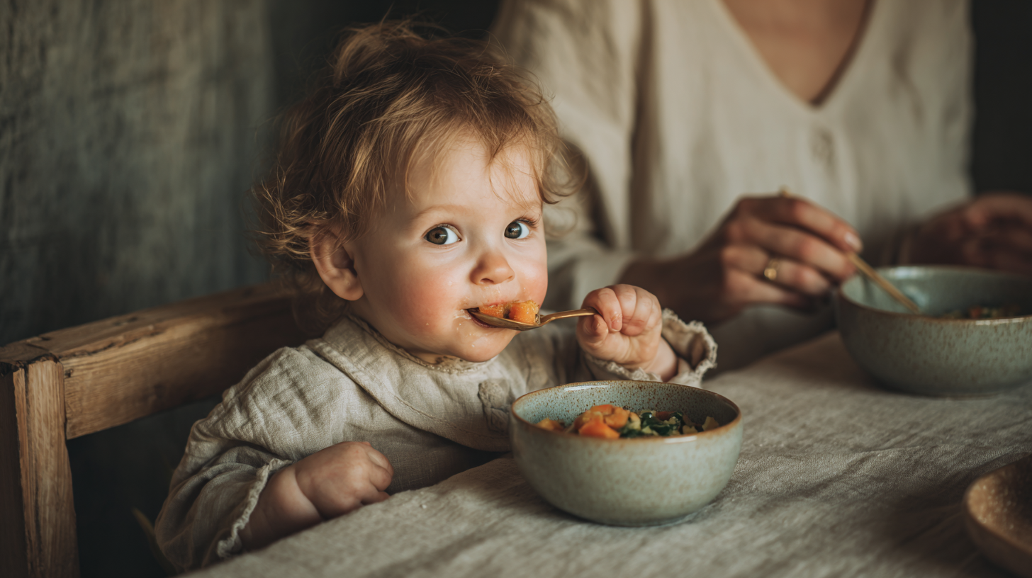 Confident parent feeding baby nutritious Caribbean-inspired meal with calm presence