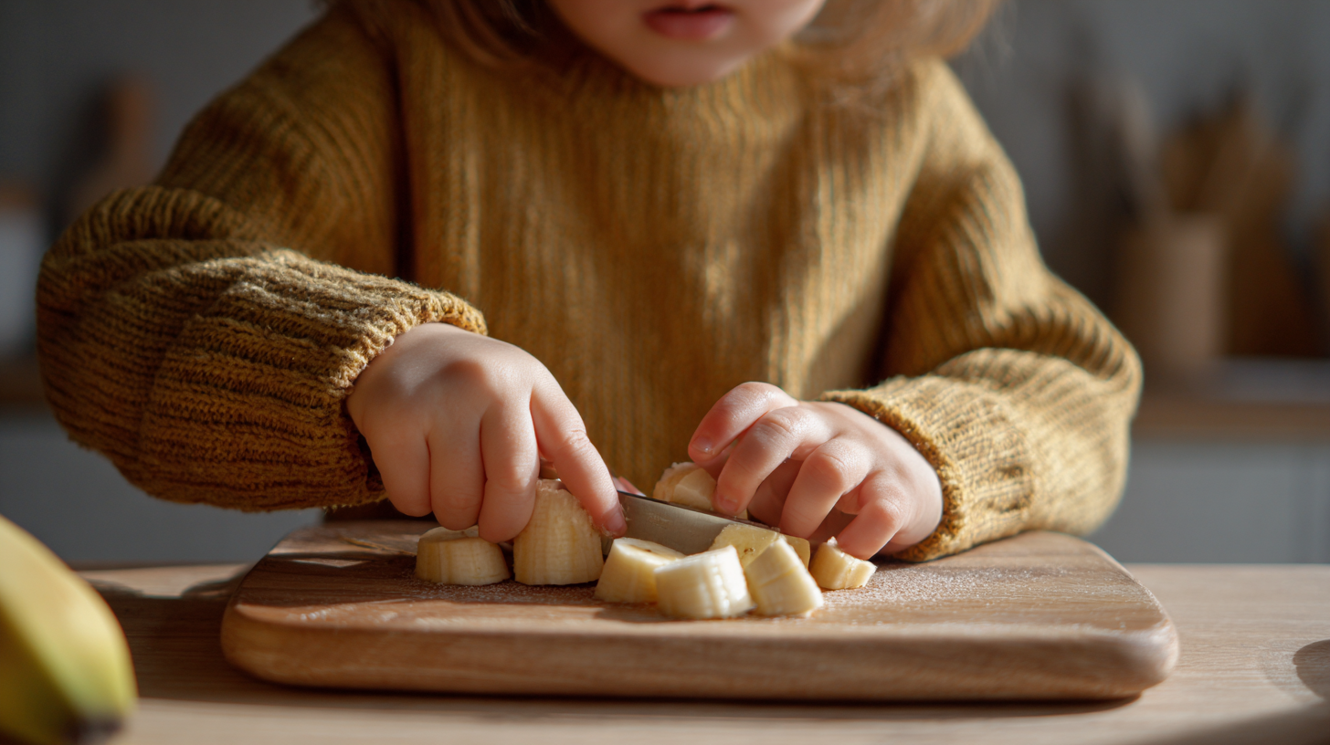 Young child learning proper knife grip and cutting technique with parent supervision in a bright kitchen