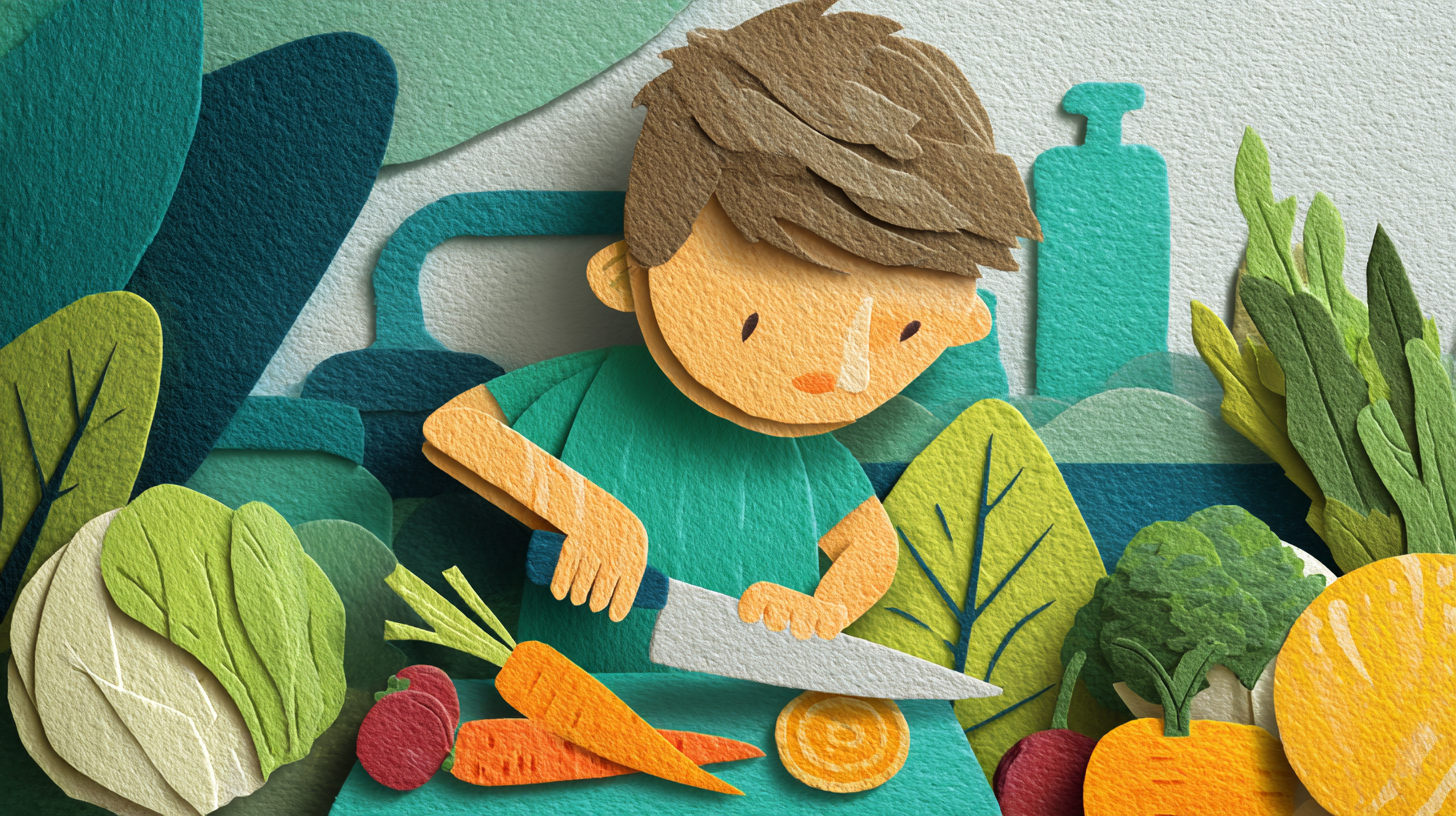 Close-up of child's hands demonstrating proper claw grip technique while cutting vegetables safely