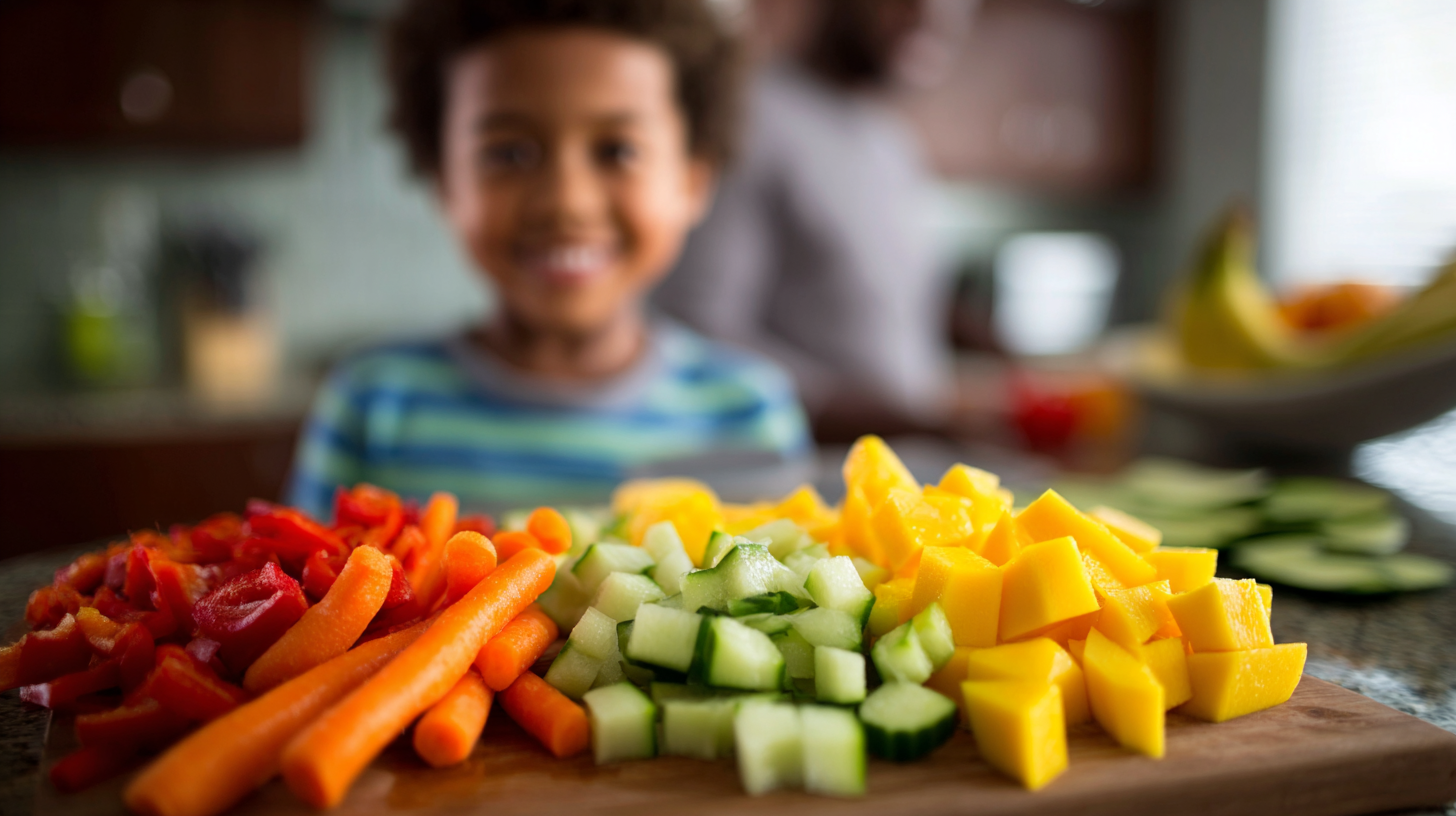 Proud child showing completed cutting work with various safely prepared vegetables on cutting board