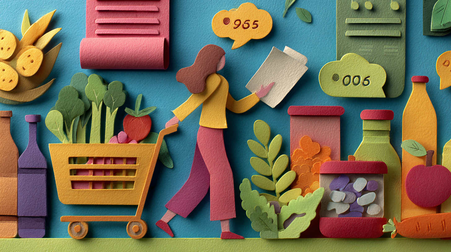 Teenager shopping for groceries with shopping list and comparing prices