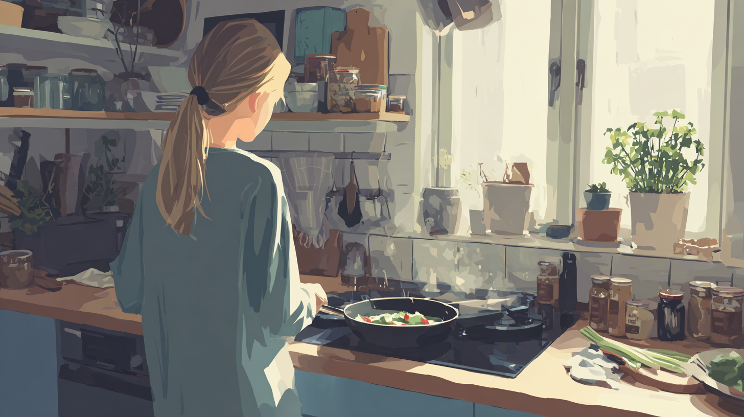Teen cooking dinner independently in kitchen with confidence