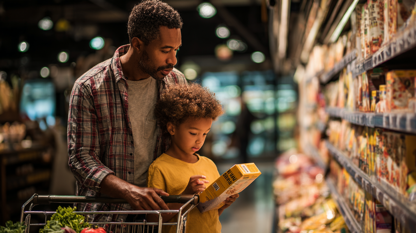 Parent teaching child to read nutrition labels together in grocery store aisle