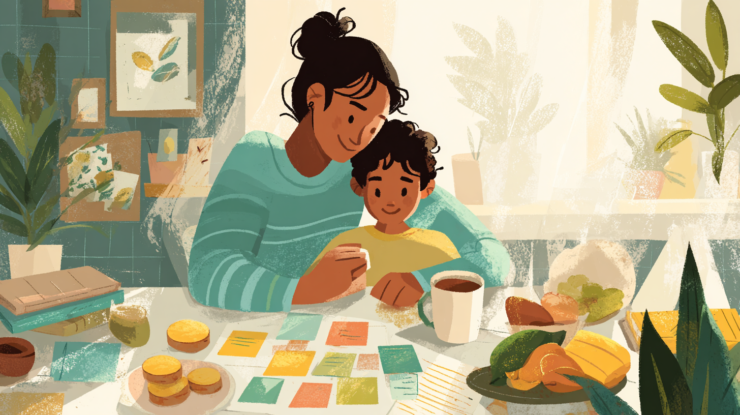 Parent and child planning meals and food budget together with playful charts
