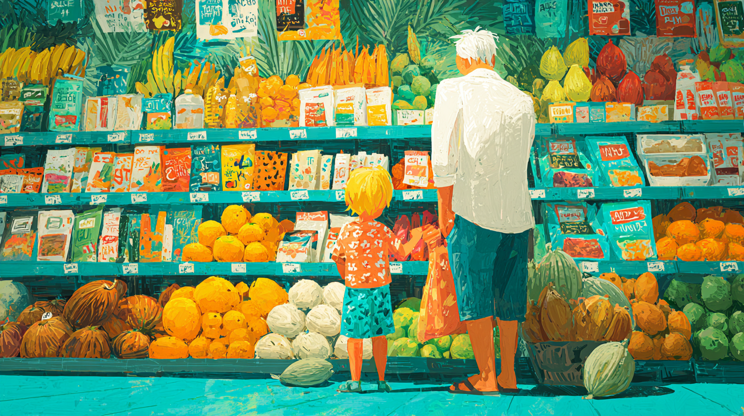 Family grocery shopping together while teaching kids about prices and budgets