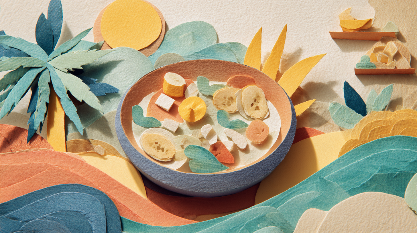 Caribbean-inspired baby meal in a bowl with plantain, beans, and colorful vegetables