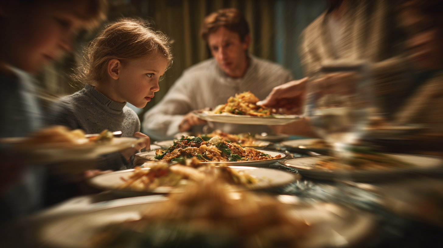 Family dining at restaurant with oversized portions on table