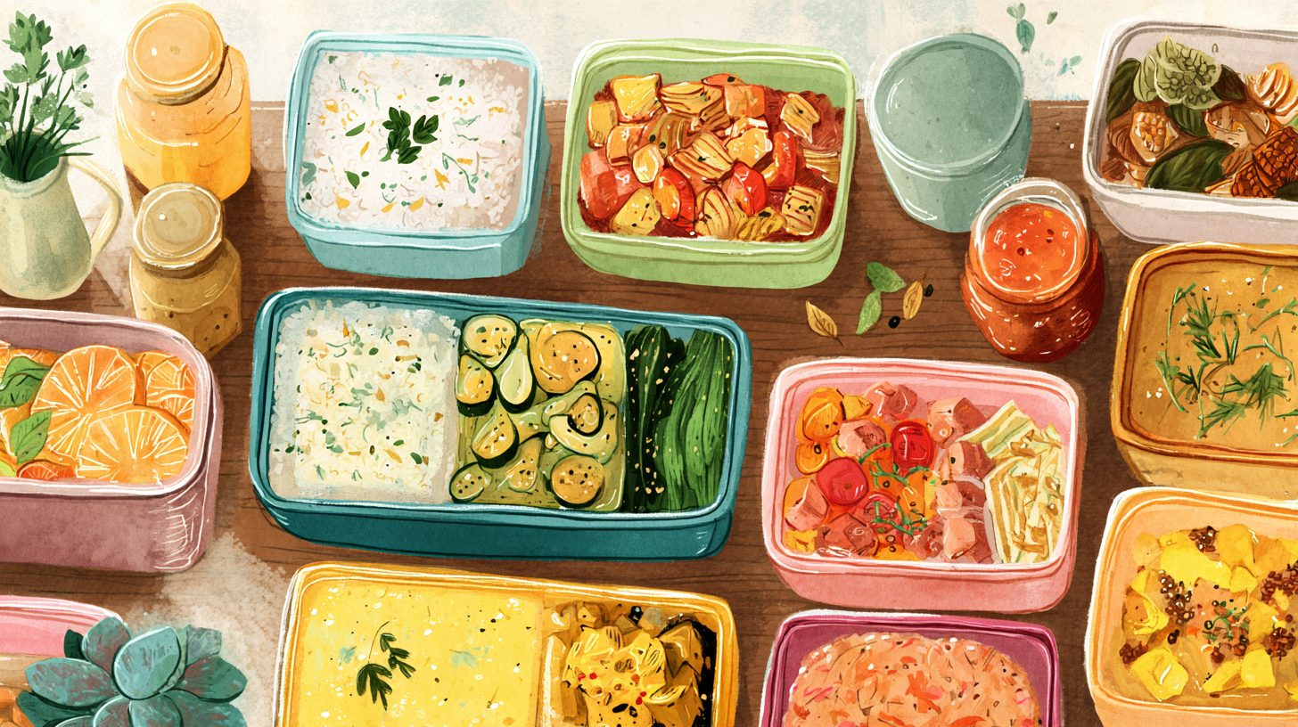 Organized meal prep containers filled with colorful batch-cooked family meals arranged on kitchen counter