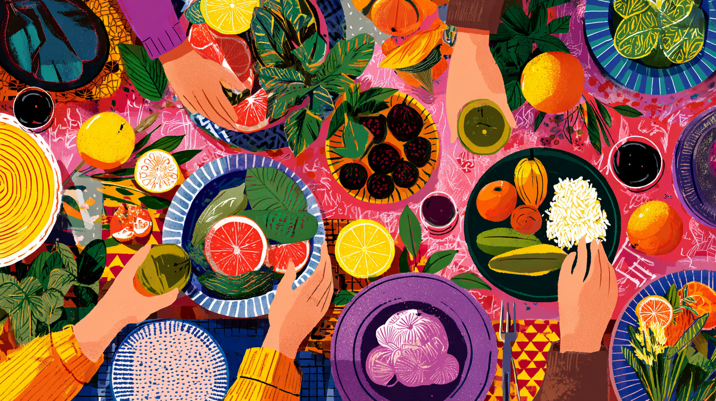Variety of batch-cooked meal components being assembled into different colorful family dinner plates