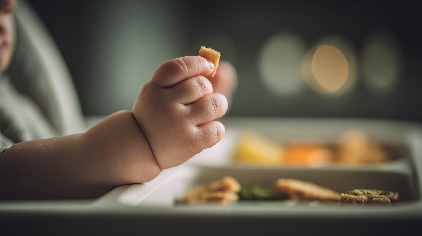 Baby safely self-feeding soft finger foods while parent supervises closely with calm confidence