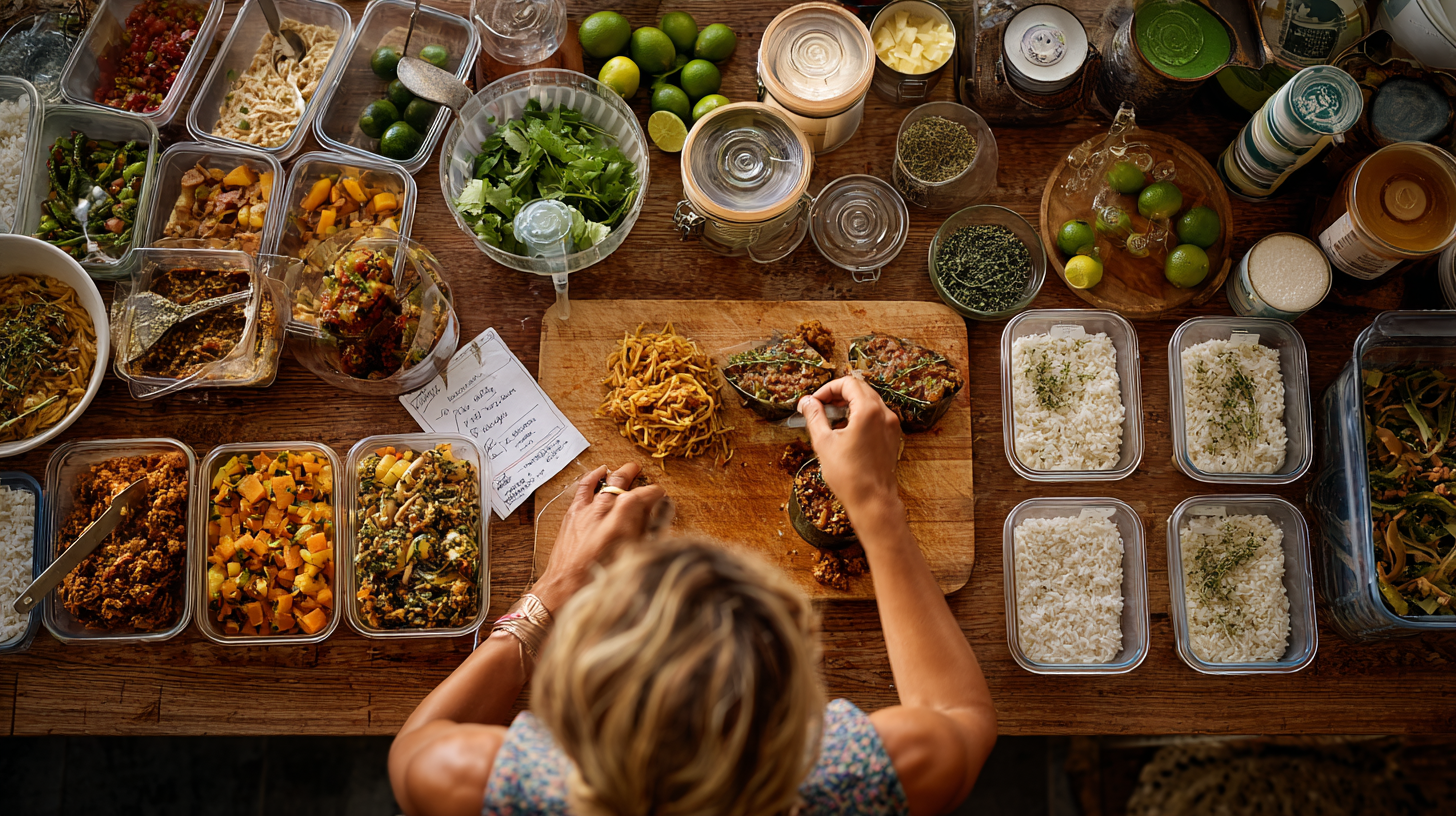 Mother preparing multiple freezer meals in organized containers with fresh ingredients on kitchen counter