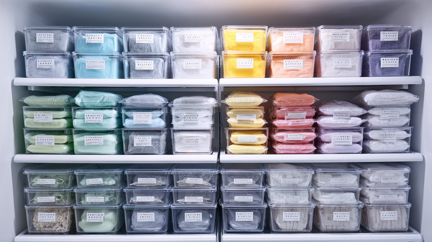 Labeled freezer meals organized in clear storage bins with dates and contents visible