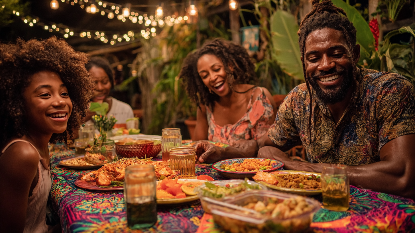 Family enjoying a home-cooked freezer meal together at dinner table with happy expressions