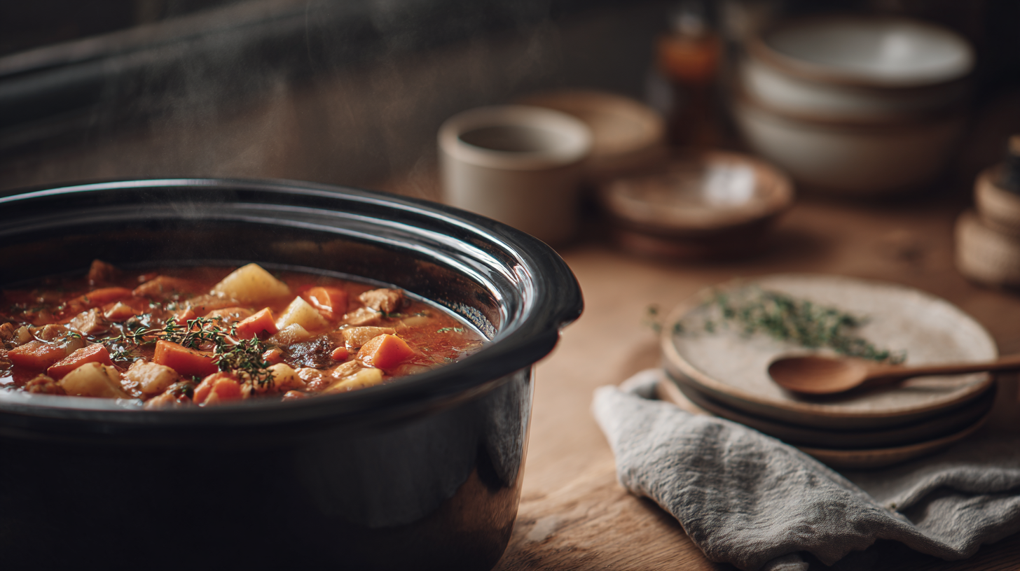 Family gathering around a slow cooker filled with nutritious stew, colorful vegetables visible, warm kitchen setting