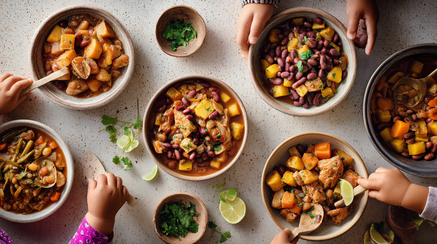 Diverse family enjoying a meal together from the slow cooker, bowls of colorful nutritious food, happy expressions