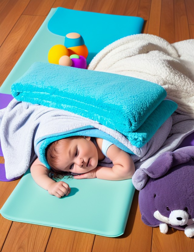 RPG 40 A photo of a baby lying on a yoga mat surrounded by soft to 0