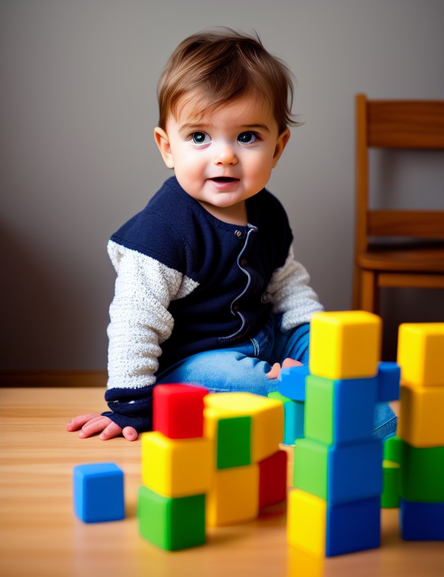 RPG 40 A photo of a baby sitting at a small table stacking blocks 0