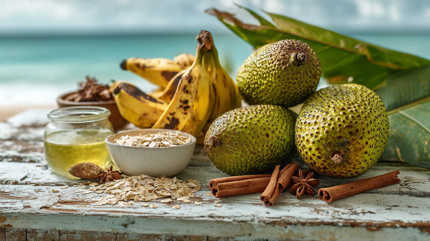 Fresh tropical ingredients display featuring breadfruit and bananas