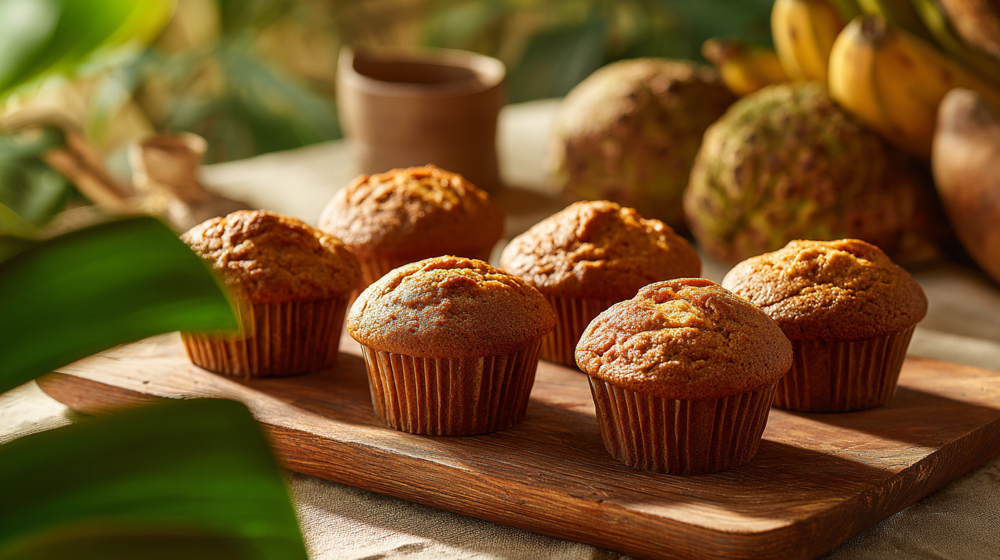 Golden brown banana breadfruit muffins arranged beautifully