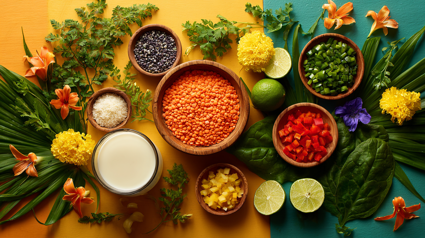 Overhead flatlay of coconut curry lentil stew ingredients