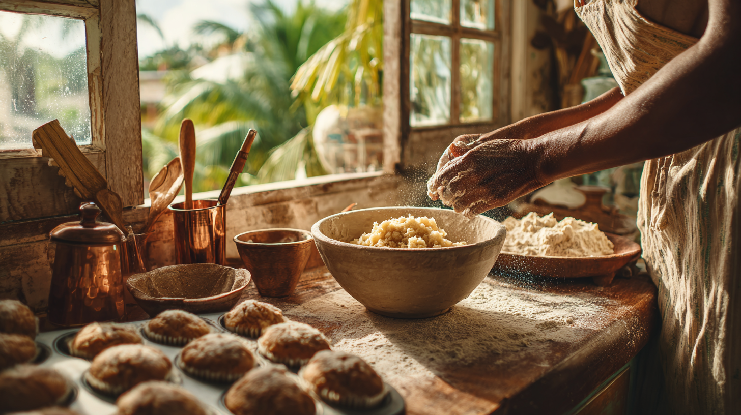 Caribbean kitchen scene with muffin preparation