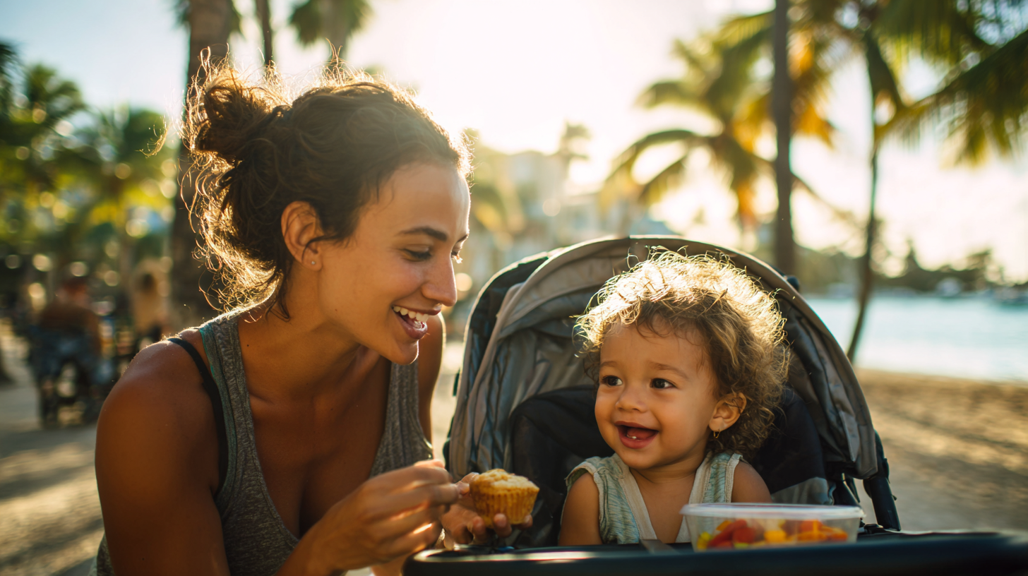 Happy mother with toddler enjoying healthy snacks on the go