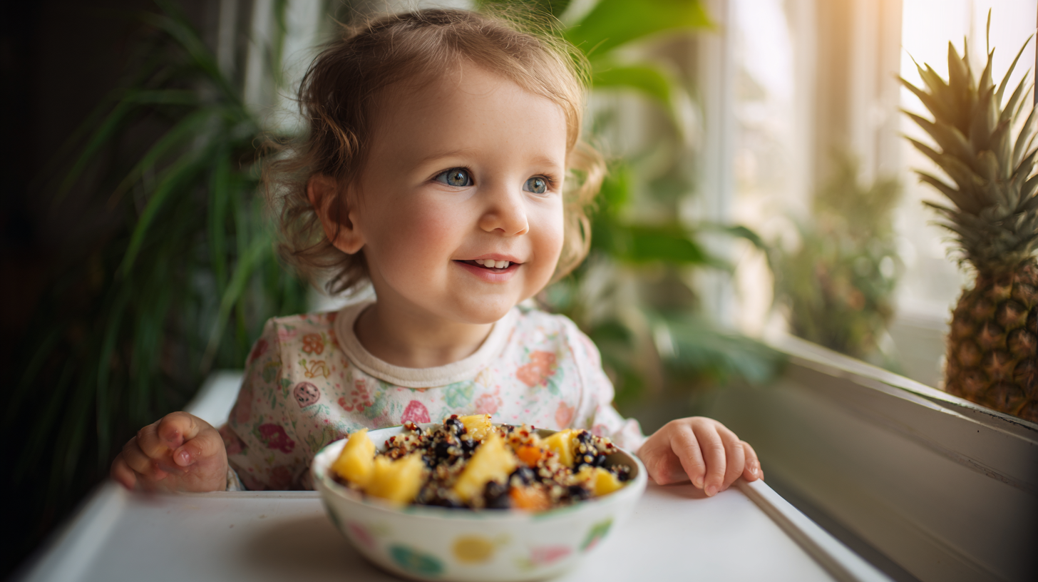 Happy toddler eating colorful quinoa salad