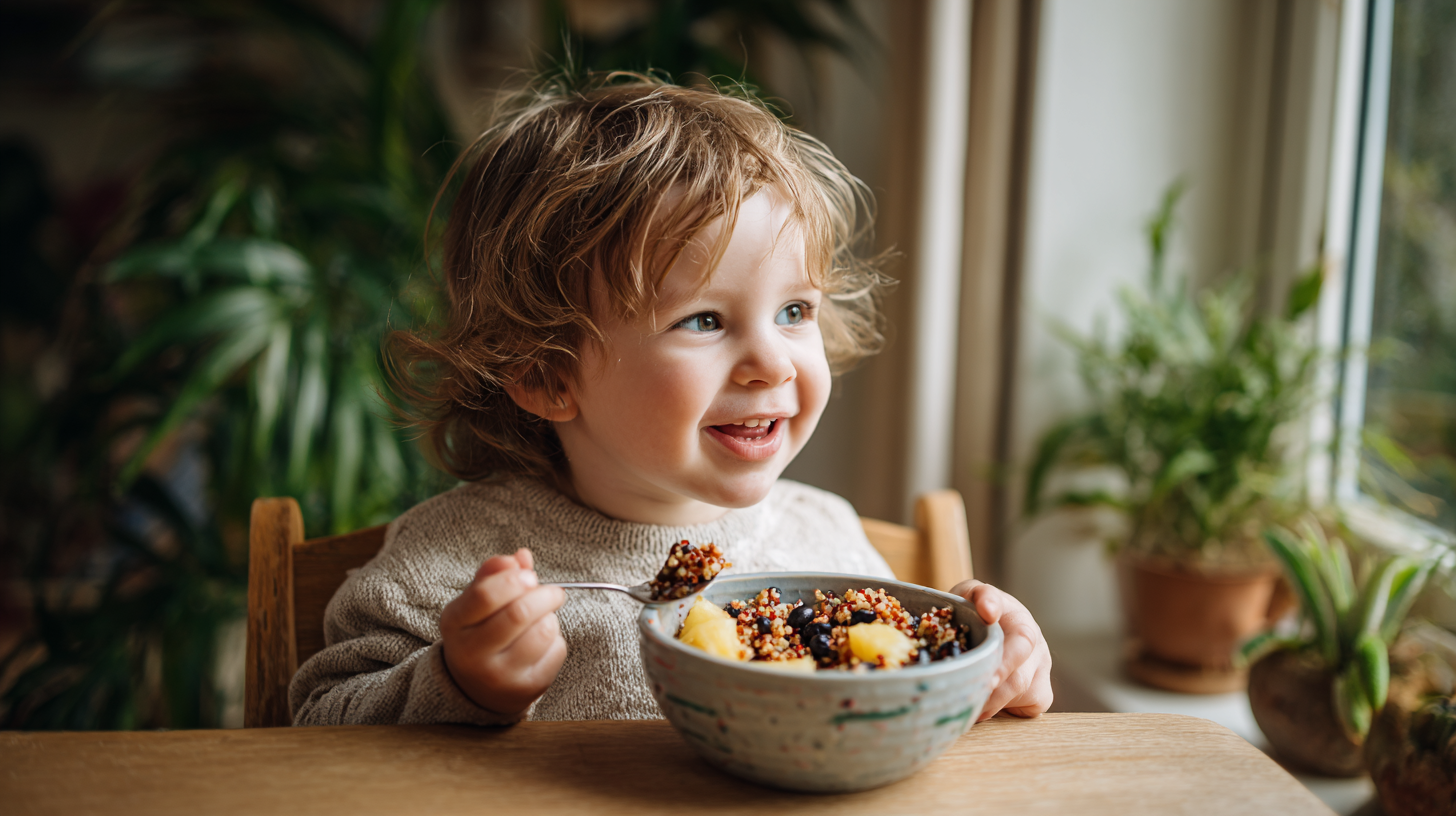 Happy toddler eating colorful quinoa salad