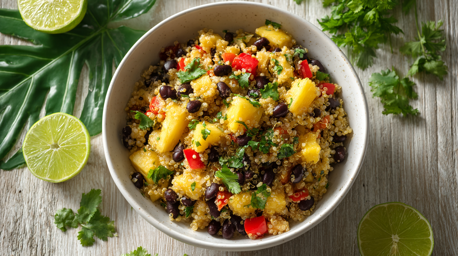 Vibrant Caribbean-inspired quinoa salad in a white bowl