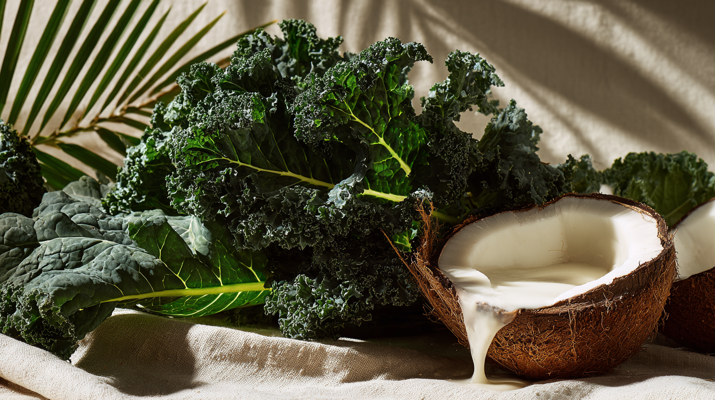 Beautiful artistic composition of fresh kale and coconut