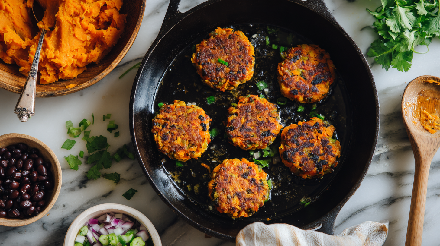 yardiebaby Overhead shot of black bean patties cooking in a c 71c07a2d 8466 45b8 b188 c7e88ba83ec5 2