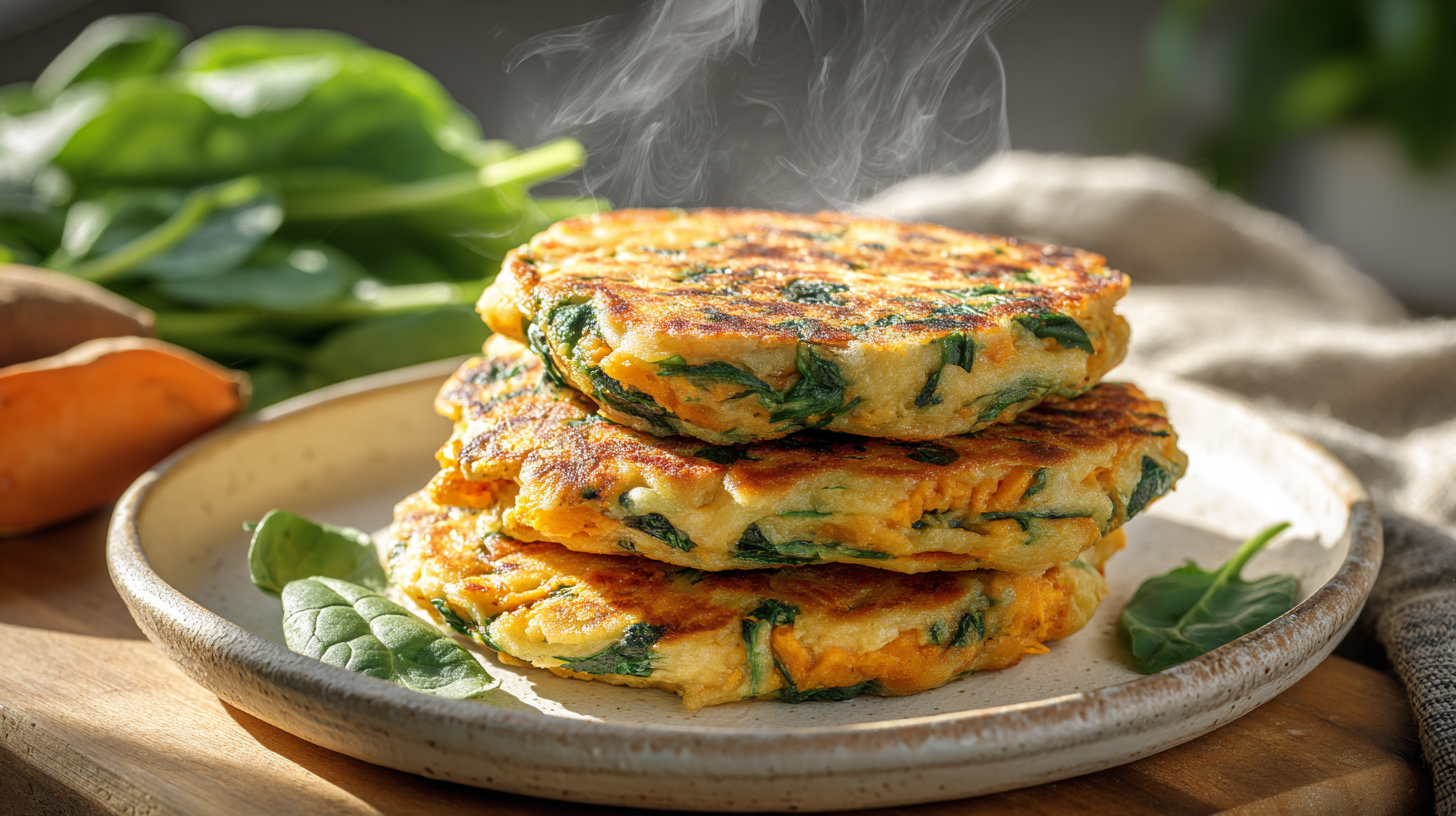 Golden sweet potato and spinach pancakes stacked on a plate