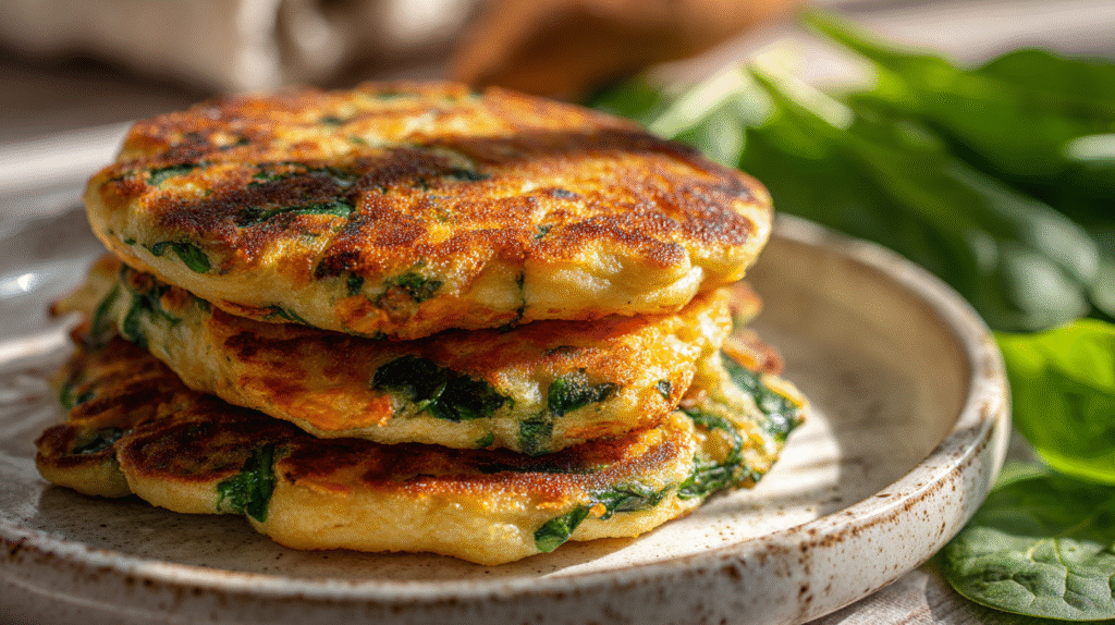 yardiebaby A stack of three golden brown savory pancakes with 31933241 b792 49d7 8c59 db812f223f88 2