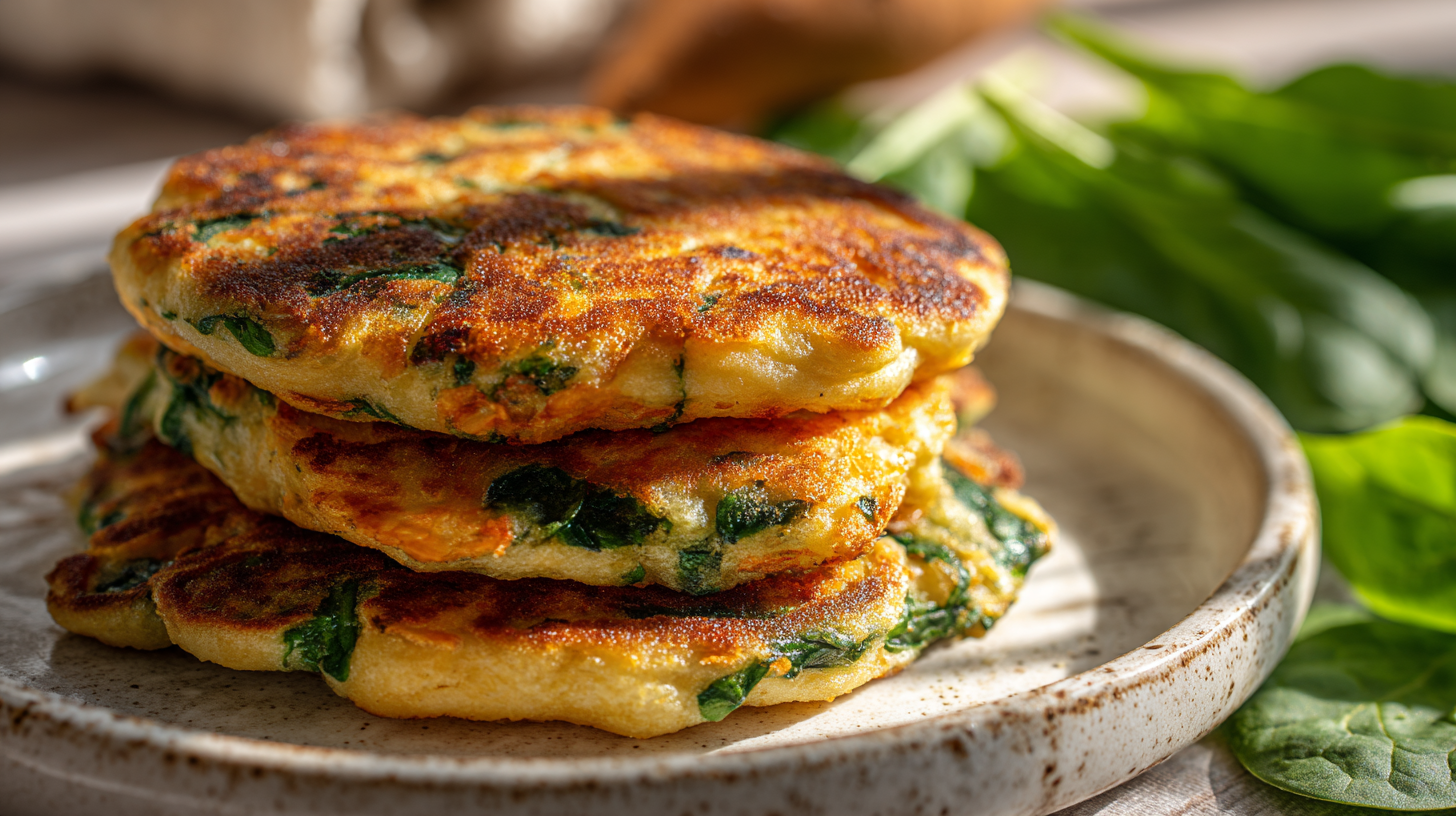 yardiebaby A stack of three golden brown savory pancakes with 31933241 b792 49d7 8c59 db812f223f88 2