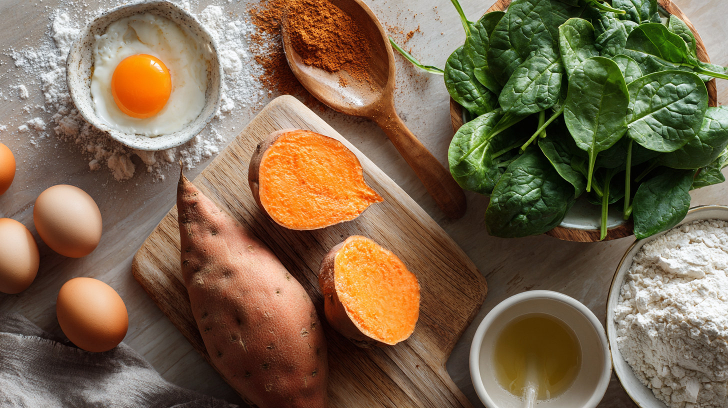 Ingredients laid out including sweet potatoes and fresh spinach