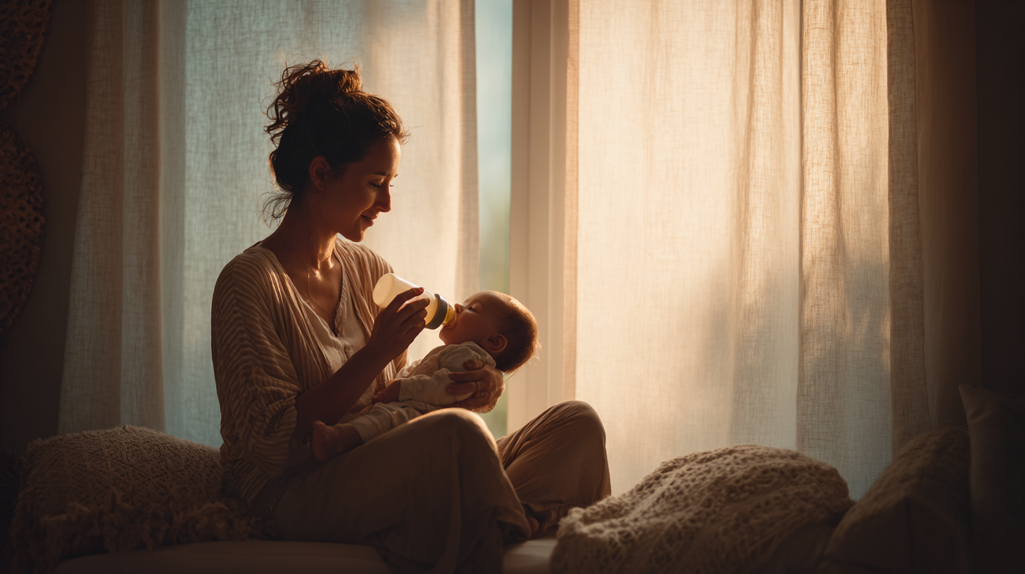 Mother gently introducing bottle to baby in calm environment