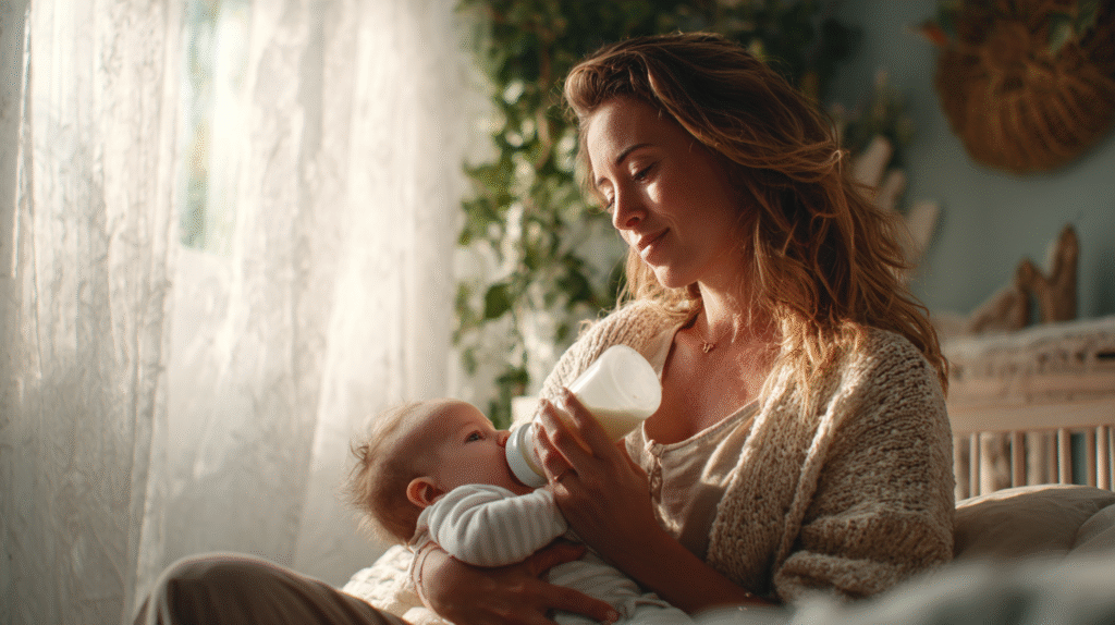 yardiebaby A serene mother sitting in a sunlit nursery gently f4be6099 1068 47d2 97c2 04b98da755b4 3