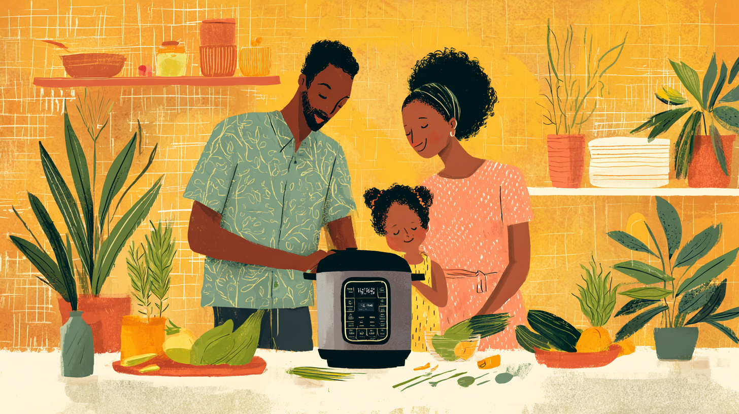 Family preparing healthy instant pot meal together in modern kitchen