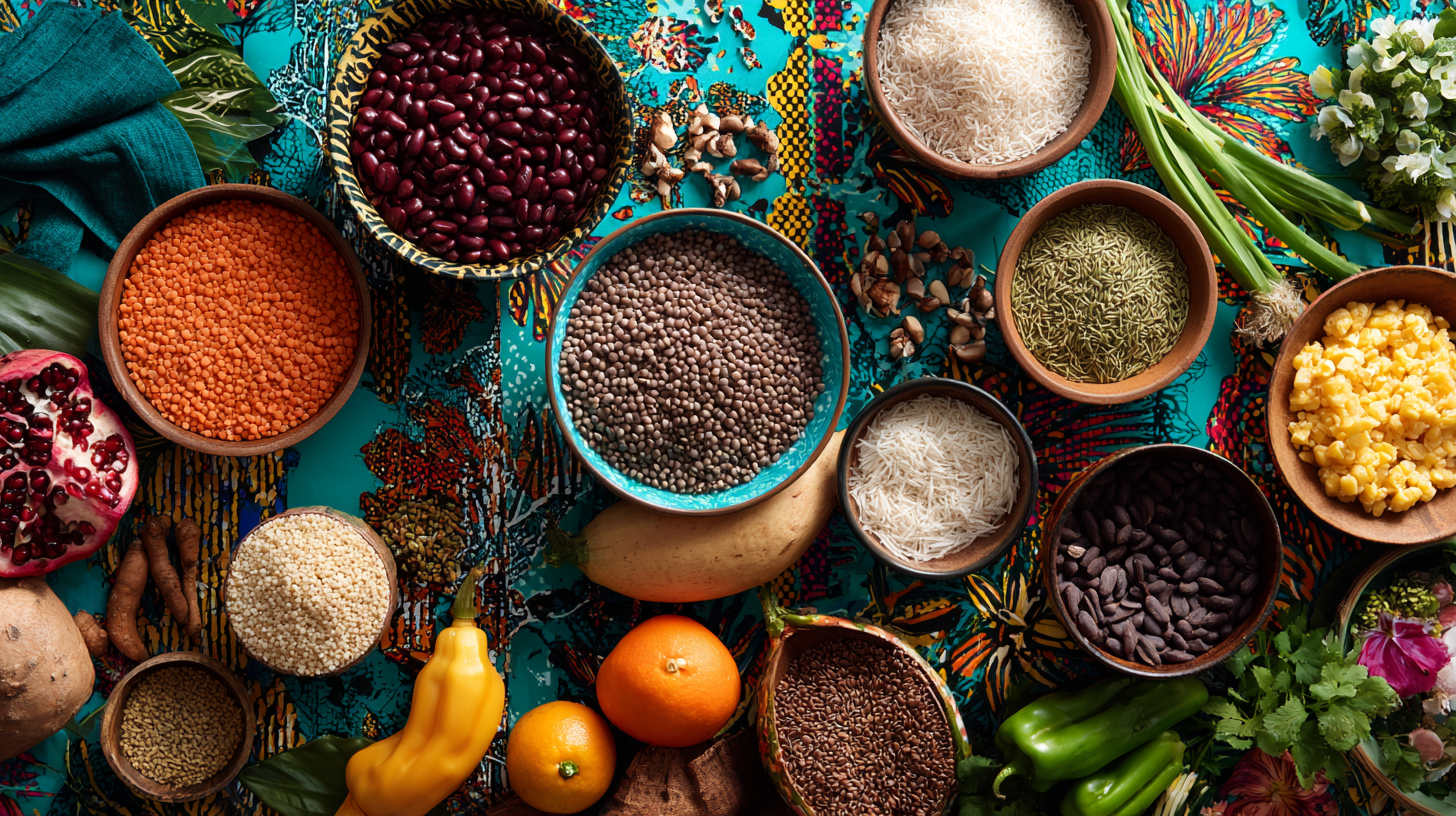 Colorful array of healthy instant pot ingredients including vegetables beans and grains